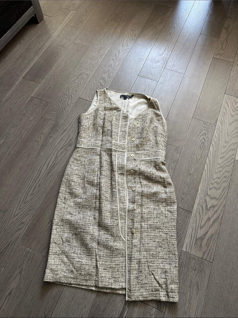 Lafayette 148 New York Sleeveless Tweed Midi Dress in Beige and Cream
